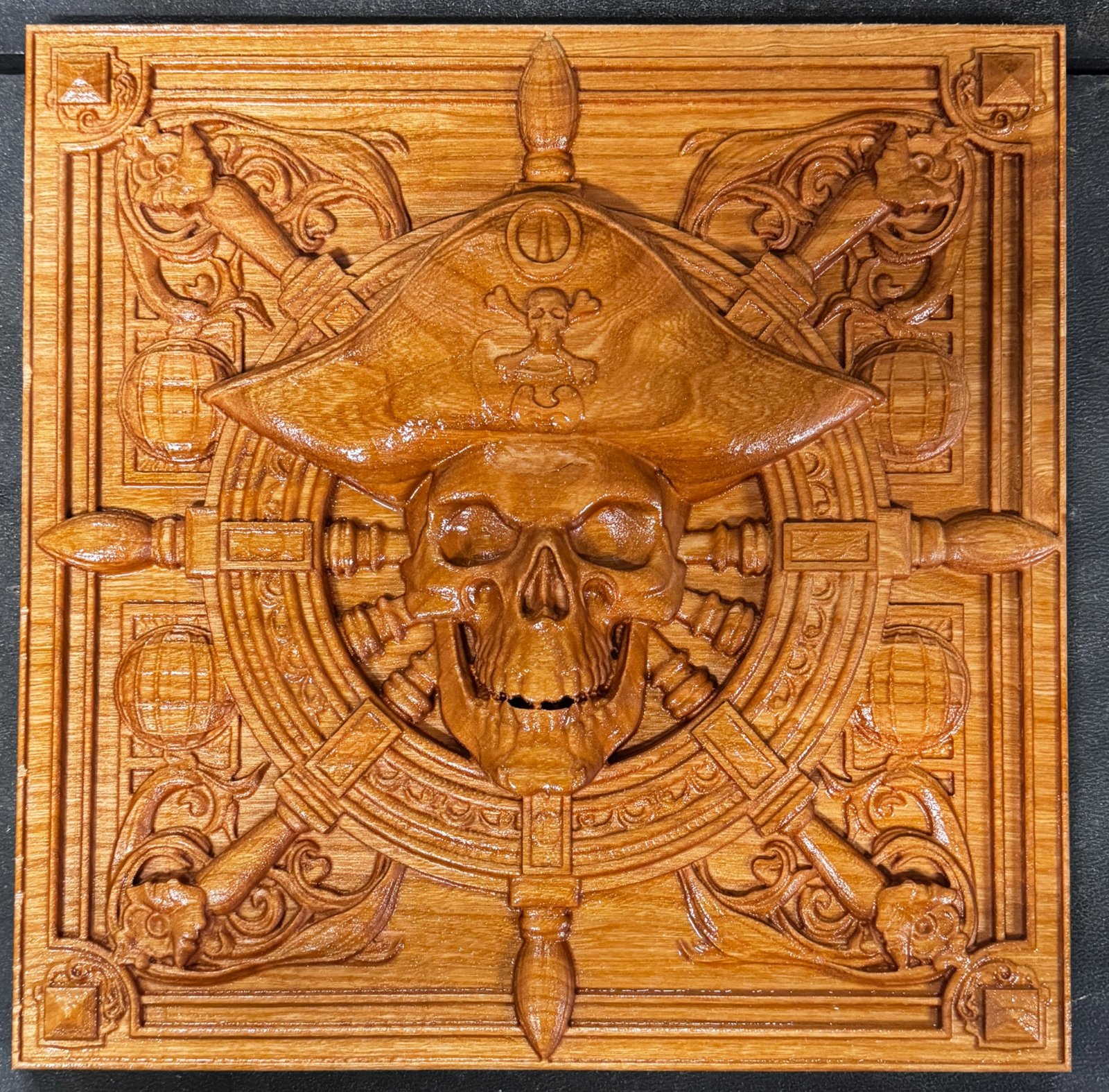 Pirate Skull custom CNC carving by Singed Impressions